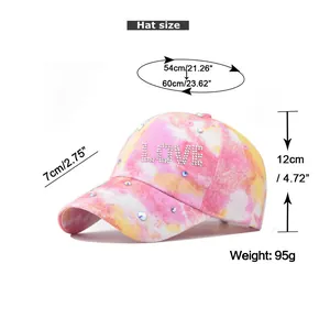 Detailed size chart for tie-dye baseball cap featuring dimensions and love rhinestone logo