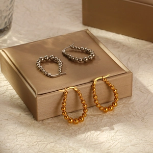 Fashion Beaded Hoop Earrings For Women 18K Gold Plated Stainless Steel Oval Graduated Ball Trendy Elegant Jewelry