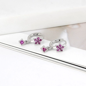 S925 sterling silver hoop earrings with rose red zircon flower pendants for women