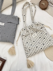 Sweet Gingham and Heart Print Canvas Tote Bag with Drawstring and Tassel Detail