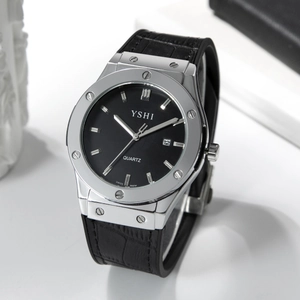 Classic silver rhinestone watch with black dial and rubber strap featuring date display