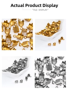 Detailed macro view of gold and gunmetal stainless steel fold-over cord ends for DIY jewelry