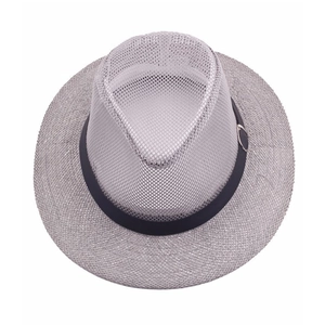Chapeau fedora respirant en maille de lin gris pour hommes avec large bord et ceinture
