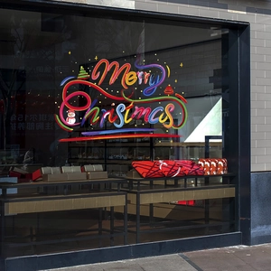 Colorful Merry Christmas window decal with snowman and tree for festive holiday glass decor