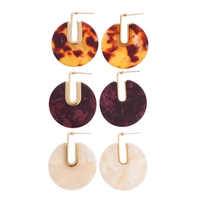 Set of three retro acetate round earrings in amber, burgundy and cream with 18K gold plating