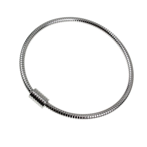 Macro detail of silver stainless steel snake chain bracelet with cylindrical clasp