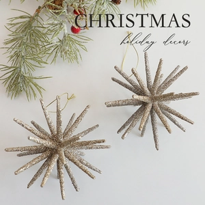 Champagne gold glitter star ornaments with gold strings for Christmas tree decoration