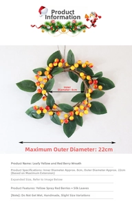 Detail of autumn berry wreath showing 8cm inner diameter and 22cm outer diameter dimensions