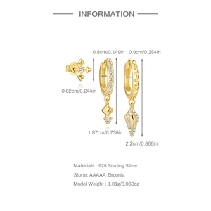 Vue détaillée des boucles d'oreilles en argent S925 doré avec dimensions et poids