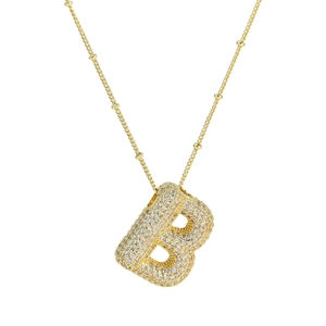 Puffy bubble letter B pendant necklace in gold brass with sparkling zircon stones
