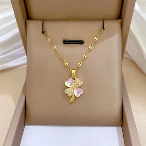 Clover Pendant Necklace Stainless Steel Copper Micro Pave Cubic Zirconia Iridescent Shell Dainty Elegant Jewelry For Women