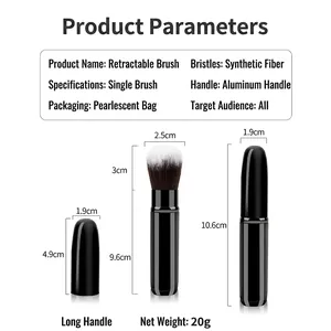 Portable black retractable makeup brush with dimensions and fiber bristles for powder