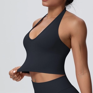 Detail of ribbed high-stretch black halter yoga bra showing fabric texture and elasticity