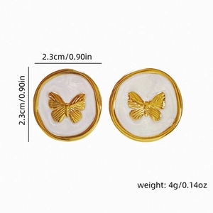Detail view of round enamel butterfly earrings with 2.3cm diameter and 4g weight specs