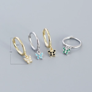 S925 silver hoop earrings with butterfly charms in four vibrant gemstone colors