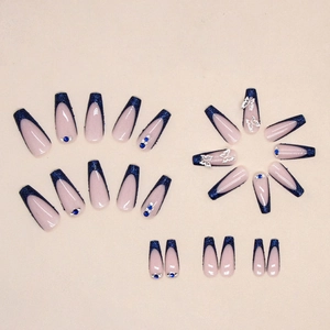 Blue glitter French ballet press-on nails with silver butterfly and diamond accents