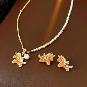 Unicorn Pegasus Jewelry Set Necklace Earrings With 925 Sterling Silver Earring Post Copper Zircon Imitation Artificial Pearl