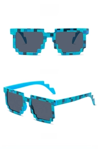 Detail view of pixelated blue mosaic sunglasses showing front and side profile perspectives