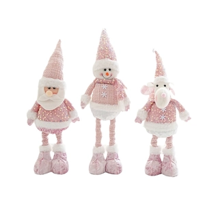 Pink sequin Christmas doll set featuring Santa, Snowman and Reindeer holiday decor