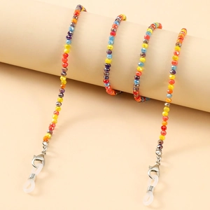 Close-up of colorful faceted crystal beads eyewear chain with silver lobster clasps