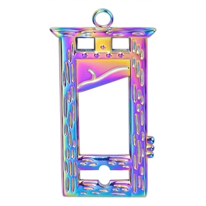 Detailed view of guillotine pendant with vibrant rainbow electroplated stainless steel finish