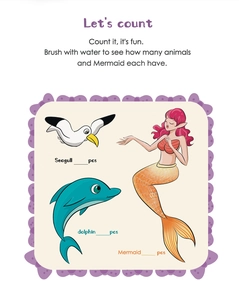 Counting themed water drawing book showing seagull, dolphin and mermaid illustrations