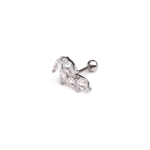 Macro view of silver stainless steel helix stud with fan-shaped leaf zircons