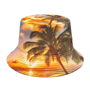 Unisex sun bucket hat with tropical coconut tree sunset print for beach and outdoor use