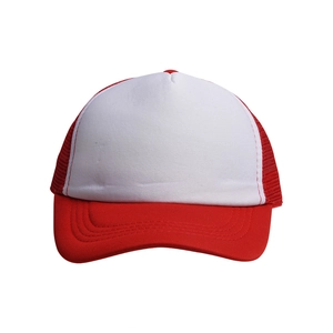Breathable red and white trucker hat with mesh back and curved brim for sun protection