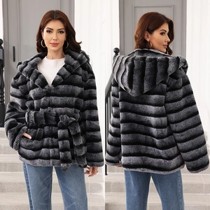 Women's faux fur hooded jacket with belt, grey and black striped luxury winter coat