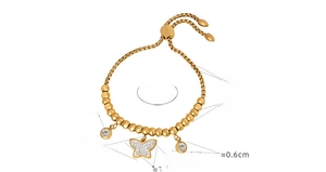 Detail view of butterfly charm bracelet with dimensions of 24cm length and zircon stones