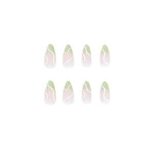 Almond press-on nails with green and pink gradient featuring white wave line patterns