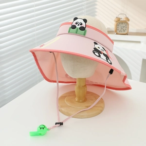 Pink kids sun hat with wide brim, neck cover, panda detail and whistle for sun protection