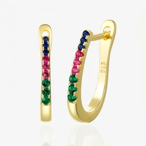 925 Sterling Silver Hoop Earrings With Rainbow Colorful Cubic Zirconia U Shaped Huggie Earrings For Women 14K Gold Plated