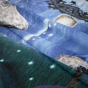 Close-up detail of a bohemian tapestry fabric showing soft weave and sharp wolf print