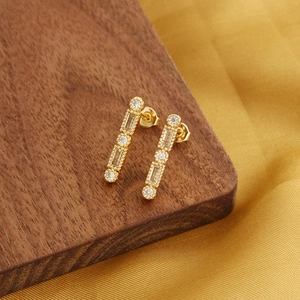 Elegant rectangle gold plated copper stud earrings with sparkling champagne zircon stones