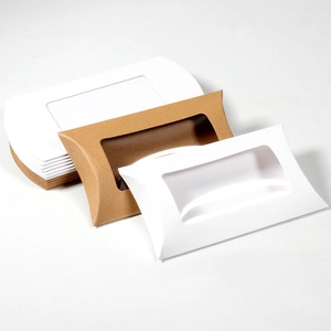 Pillow-shaped kraft paper candy boxes with clear PVC window for wedding favors