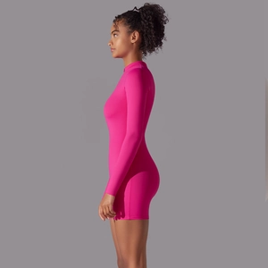 Slim fit rose pink long sleeve bodycon romper with high elasticity for yoga and fitness