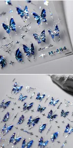 Macro shot of blue metallic butterfly nail stickers with silver stars and crescent moons