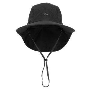 Frontal macro view of black outdoor sun protection hat featuring adjustable chin strap