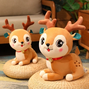 Plush Deer Doll Soft Reindeer Stuffed Animal Lying Posture With Red Collar Golden Bell Christmas Gift Home Decoration