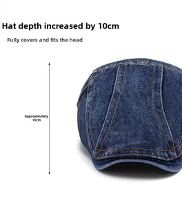 Detail showing 10cm depth of washed denim beret cap with contrast stitching