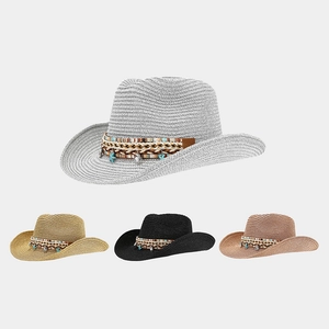 Women Bohemian Straw Cowboy Hat With Shell Starfish Decor Breathable Sun Protection Summer Beach Wide Brim Panama