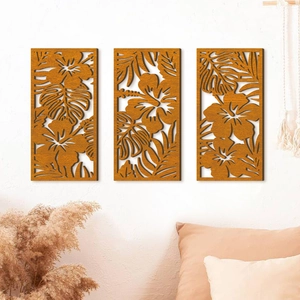 Lot de 3 décorations murales bohèmes en bois avec fleurs et feuilles tropicales