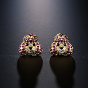 Adorable 18K gold plated teddy dog stud earrings with pink and black cubic zirconia