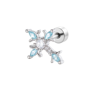 Silver cross stud earring with blue marquise and clear round crystals on white background