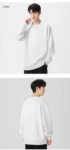 Front and back view of white crewneck sweatshirt with ribbed cuffs and hem details
