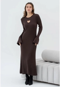 Detail of heart-shaped cutout and long flare sleeves on brown knit midi dress