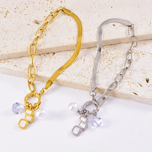 Women Bracelet Stainless Steel Mixed Snake And Link Chain With Artificial Pearl Zircon And White Shell Charms Elegant Jewelry