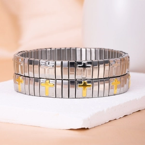 Elastic stainless steel cross bracelets in silver and gold tones for women